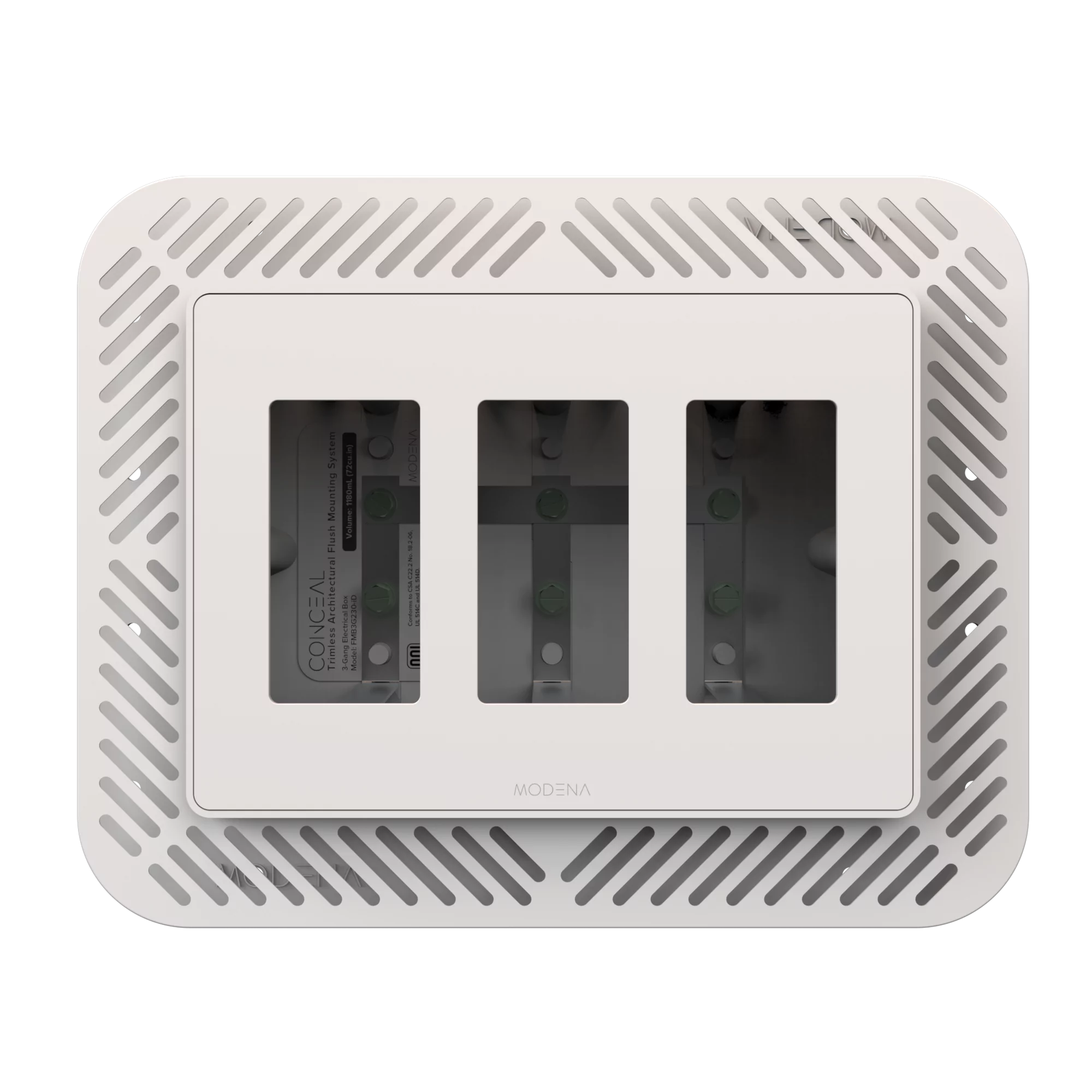 Front view of CONCEAL 3-gang flush mount system for Decora switches and outlets in solid surfaces