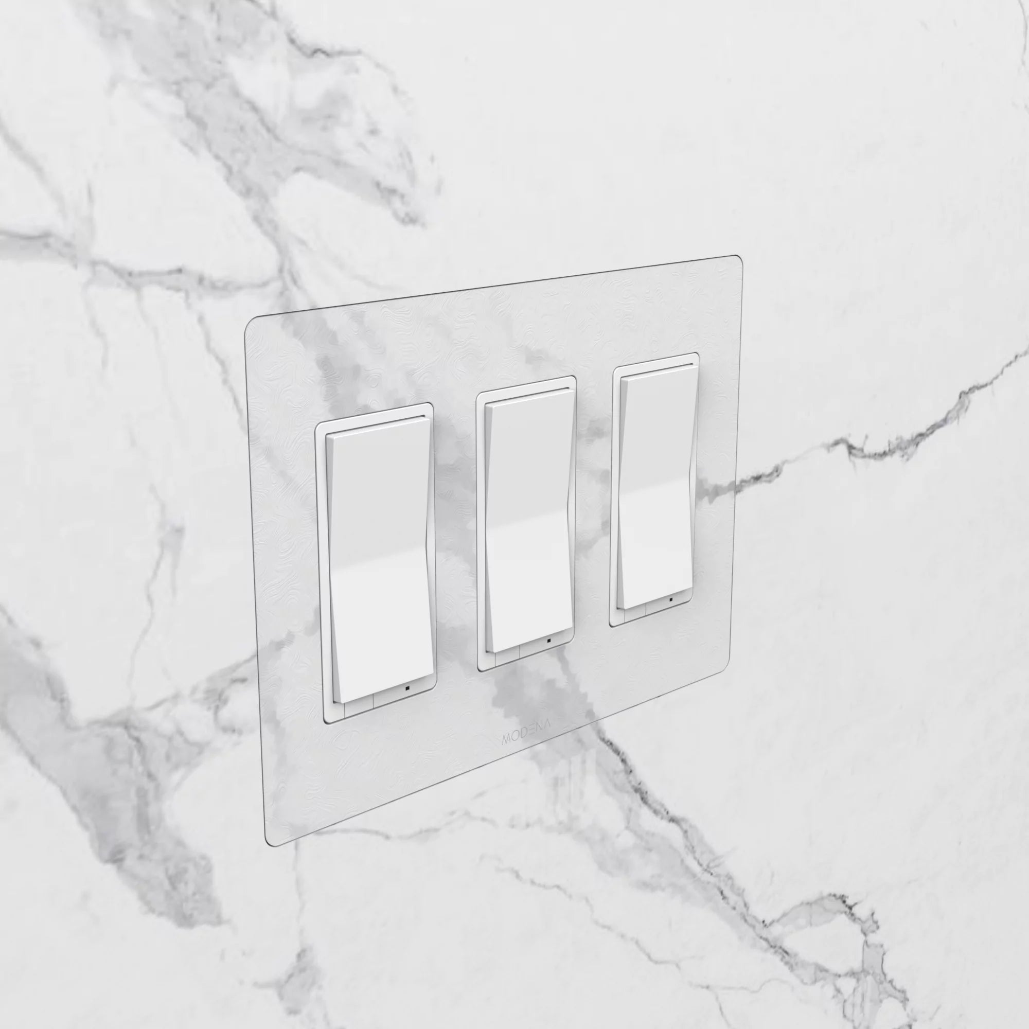 Angle view of CONCEAL 3-gang flush mount system for Decora switches and outlets installed in solid surface and faux finished