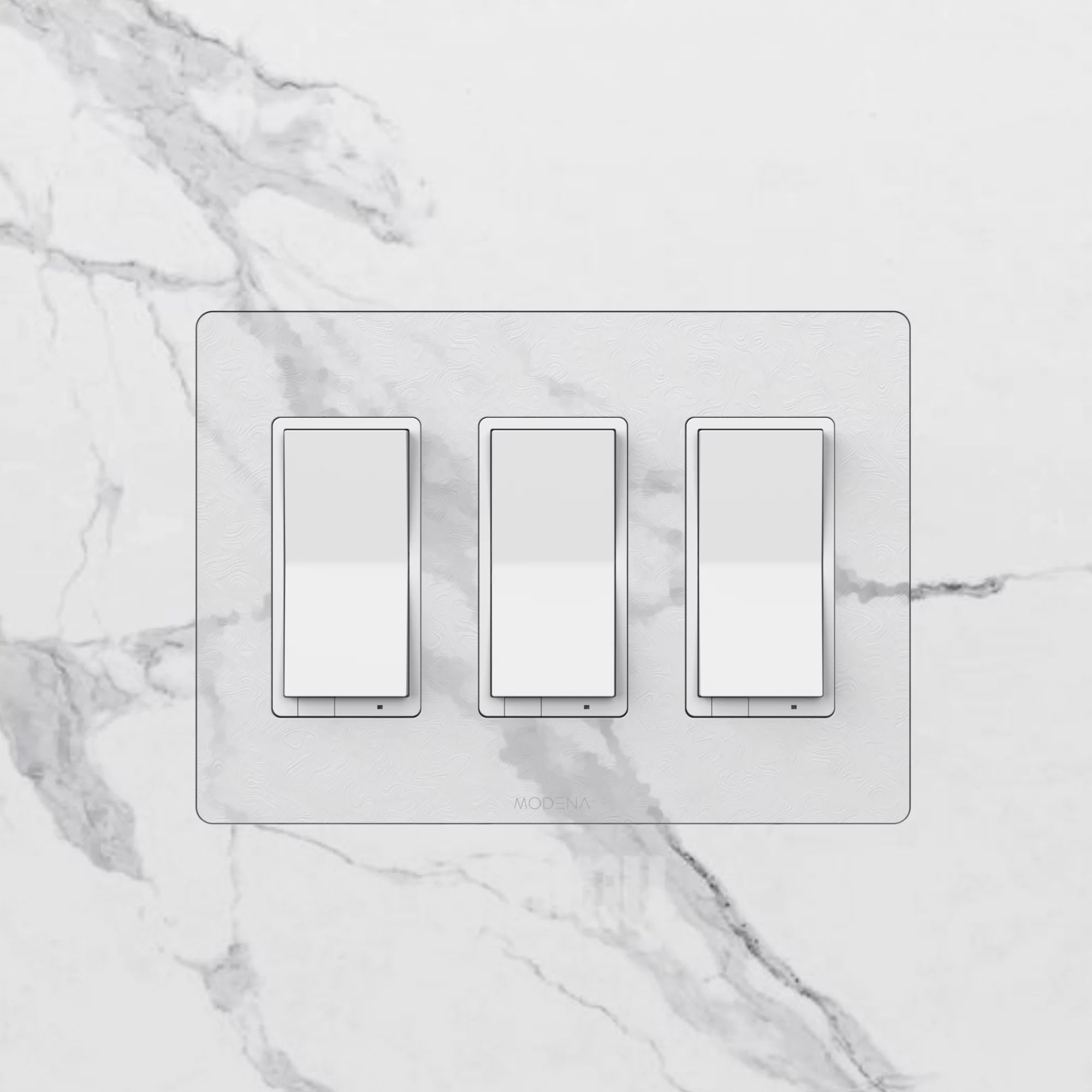 Front view of CONCEAL 3-gang flush mount system for Decora switches and outlets installed in solid surface and faux finished