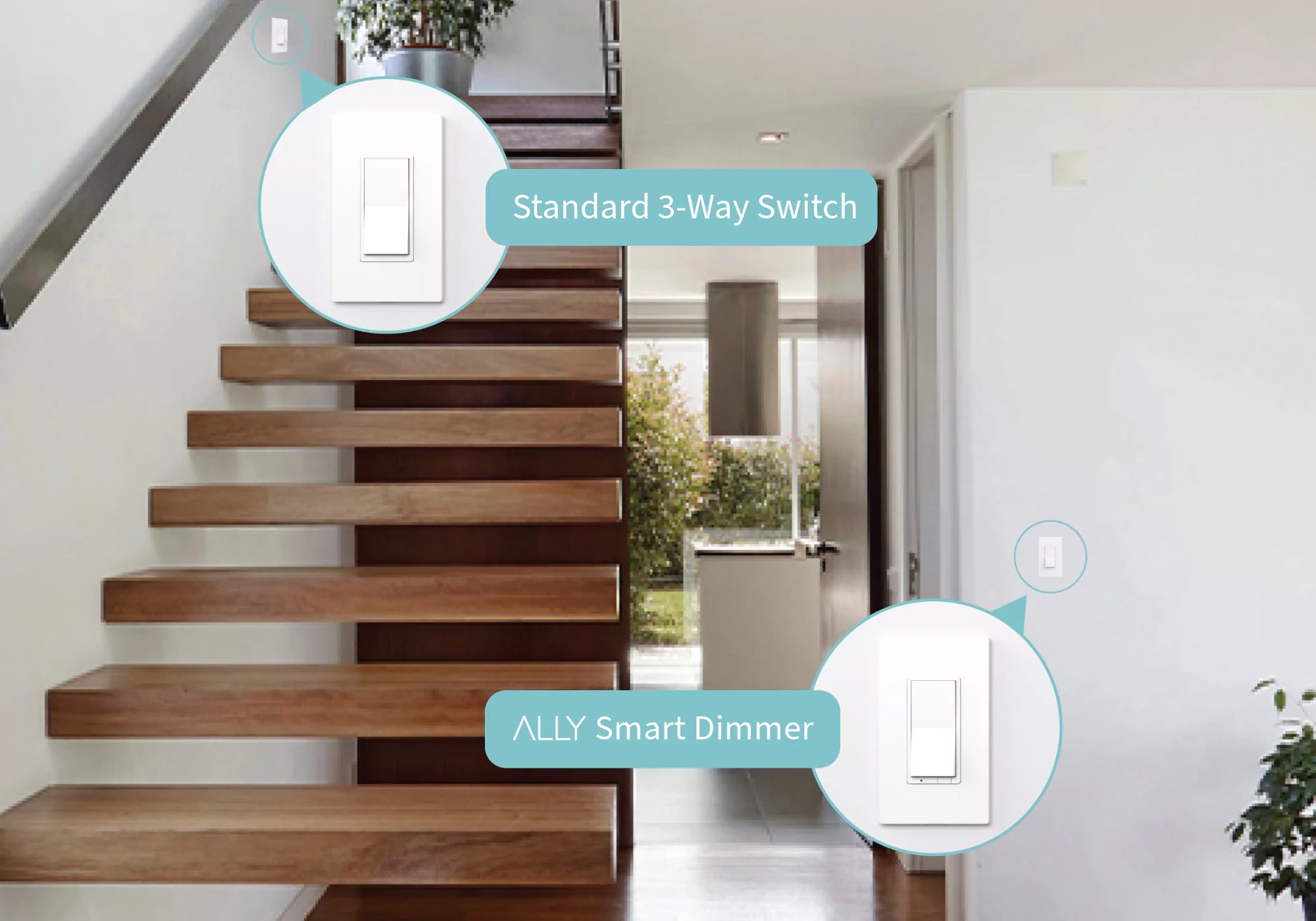 Modern wooden staircase in a home interior with a standard 3-way switch and an ALLY smart dimmer labeled on the wall