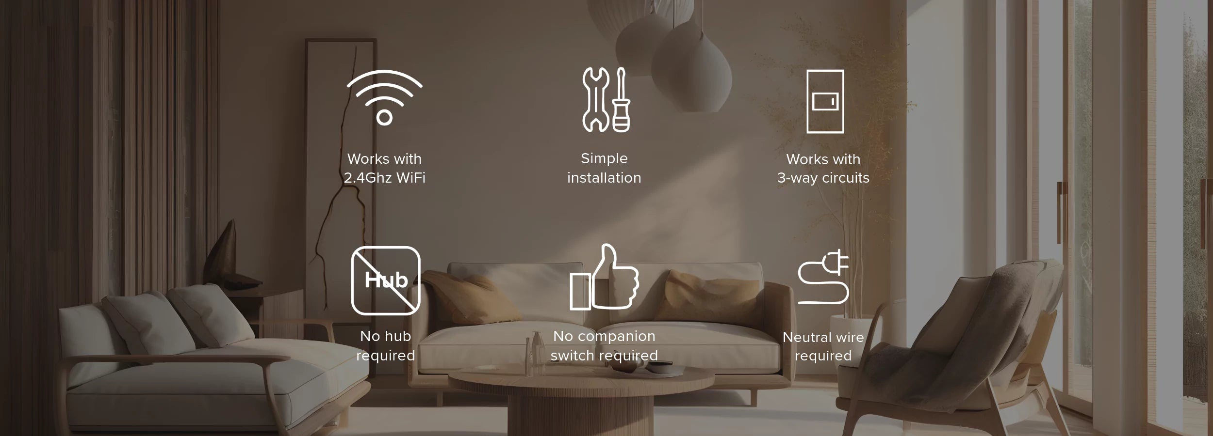 Modern living room with icons and text on a dark overlay highlight ALLY smart dimmer features 