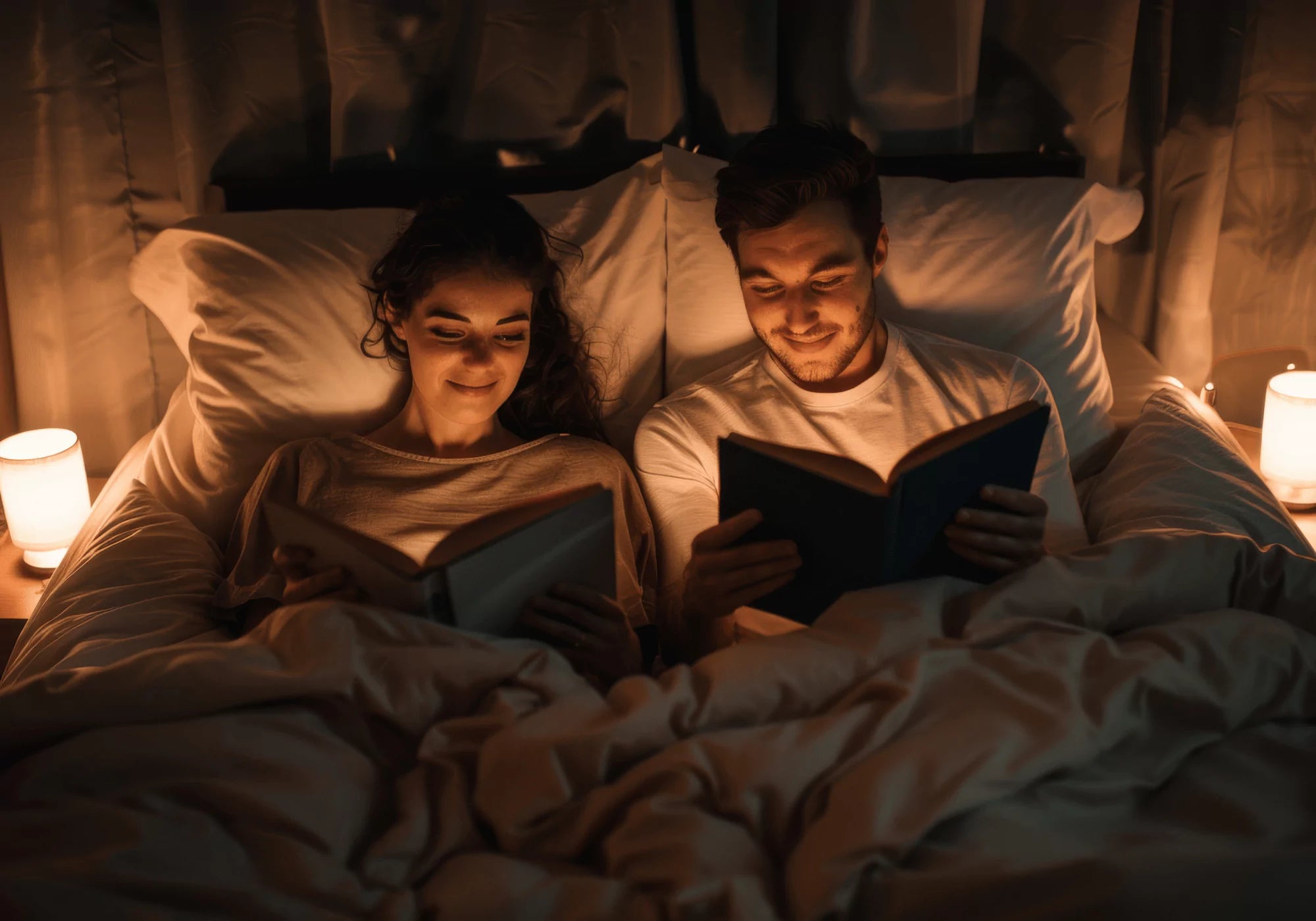 Young couple reading in bed at night with warm bedside lamps, showing dimmable smart lighting